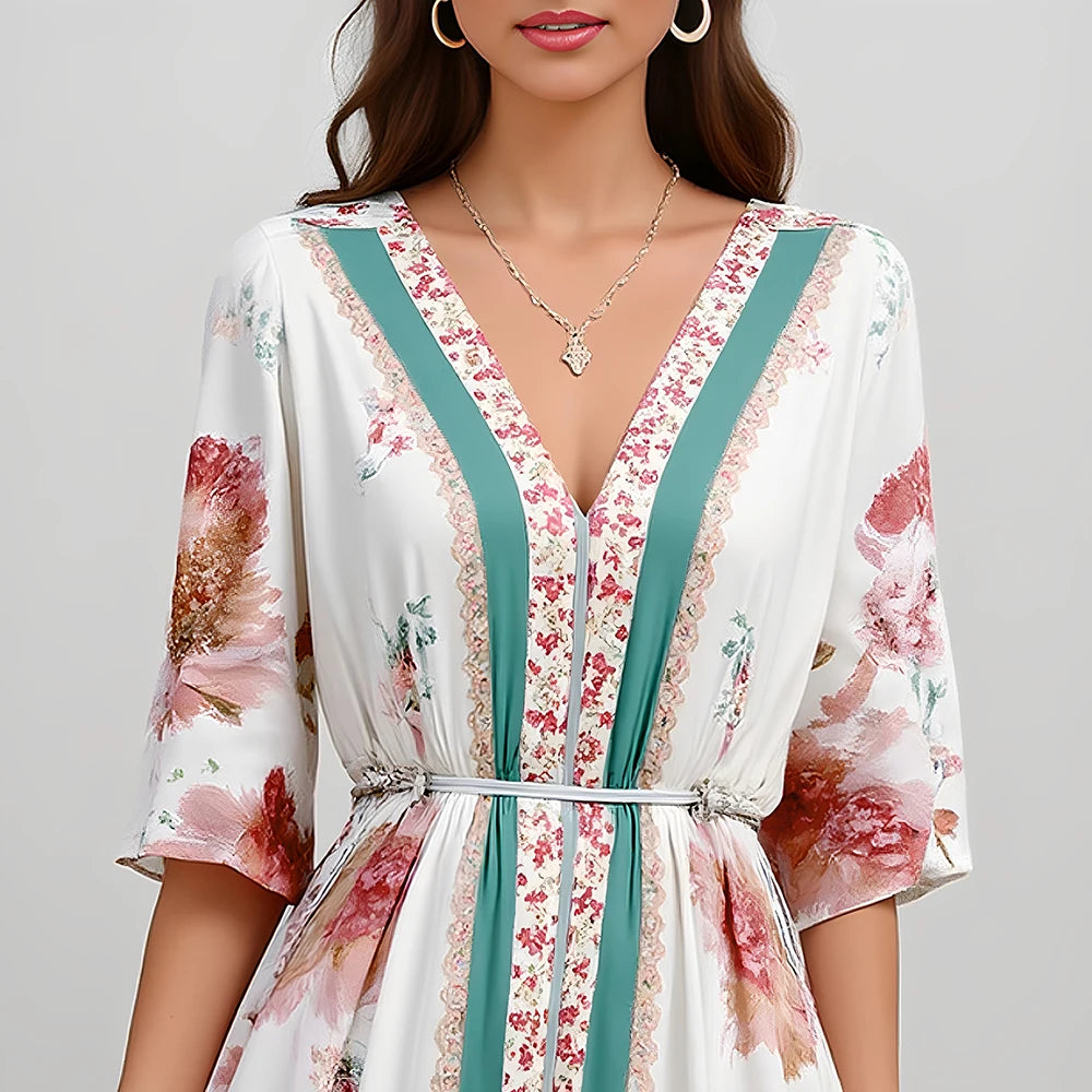 Rafiah Women's Dresses Summer Elegant Fashion 2025 Floral Intellectual Short Sleeve V-Neck A Line Midi Vacation Long Dresses