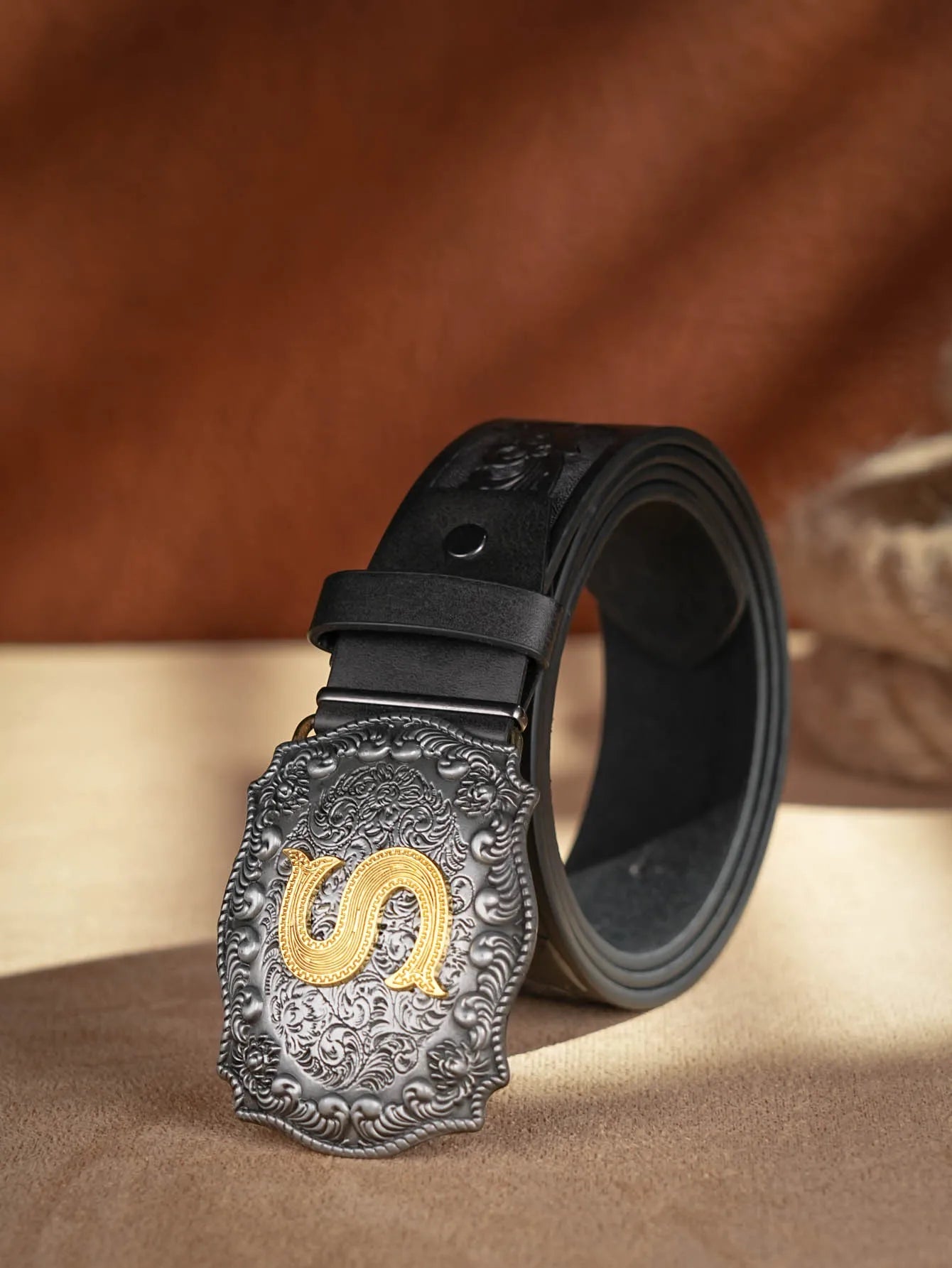 Western Cowboy PU Leather Belt - Men Waist Strap Bull Decoration Floral Engraved for Jeans
