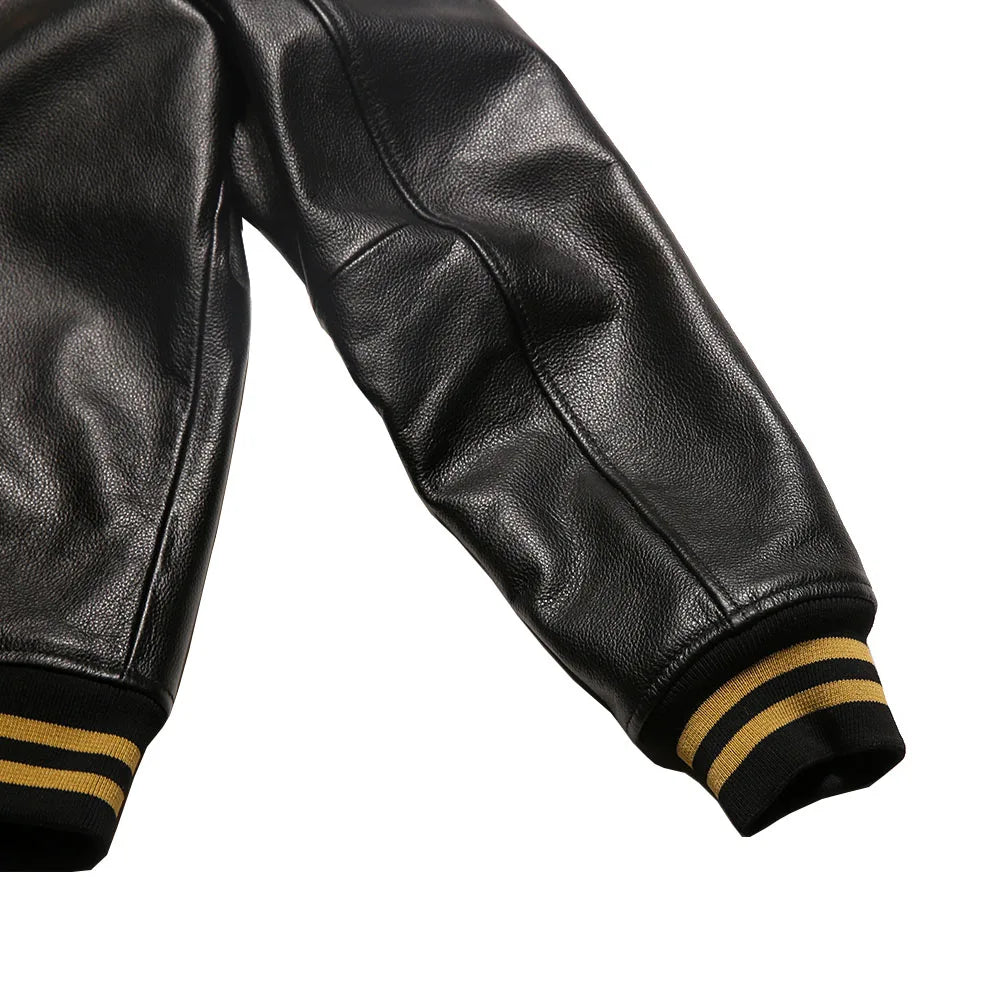 Men's top quality stand collar real leather jacket baseball tiger embroidery Fashion leisure first layer cowhide leather coat