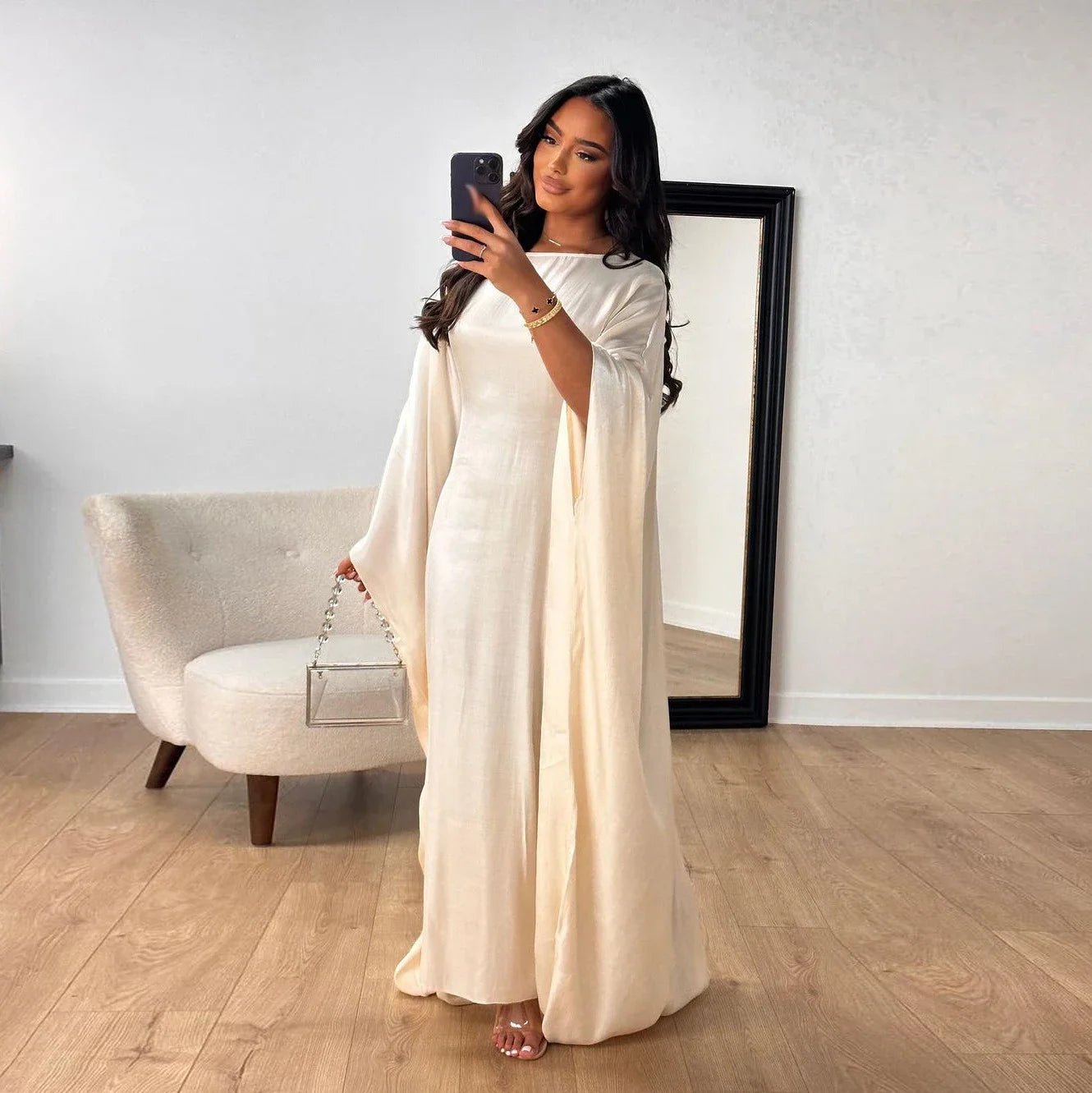 Batwing Butterfly Sleeve Satin Dress Abaya Dubai Muslim Maxi Dress Kaftan Abayas for Women Kebaya Caftan Robe Femme Vestidos