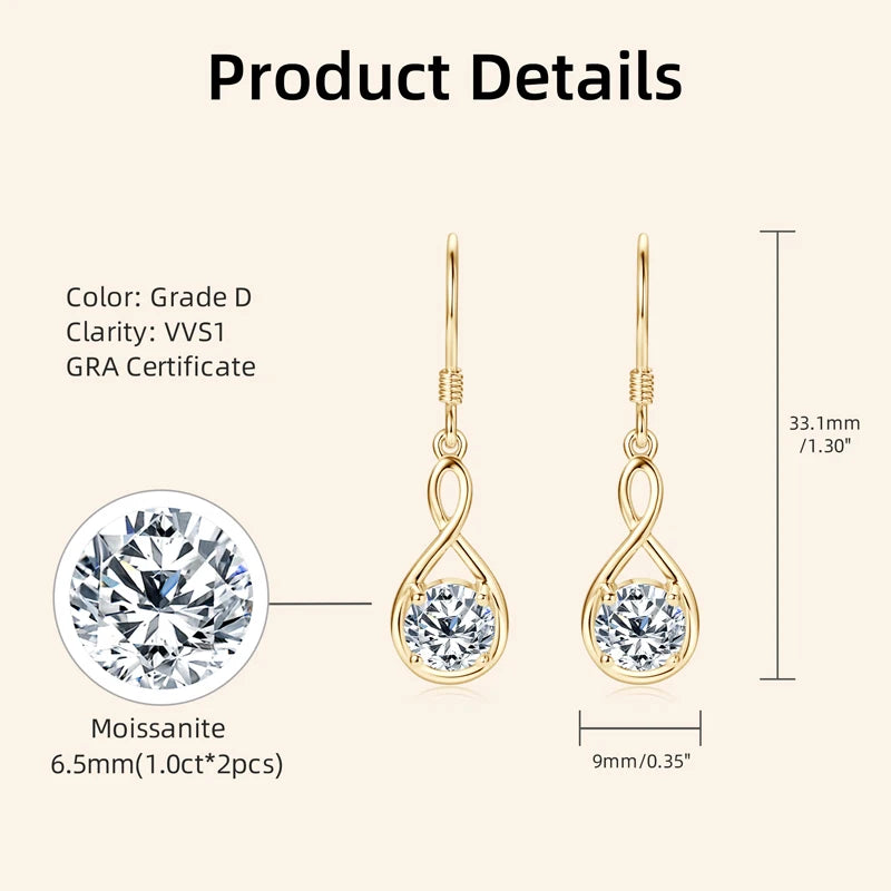 Lnngy 1.0ct Round Moissanite Dangle Hook Earring 925 Sterling Silver Ladies Light Luxury Earring for Women Fashion Jewelry Gift