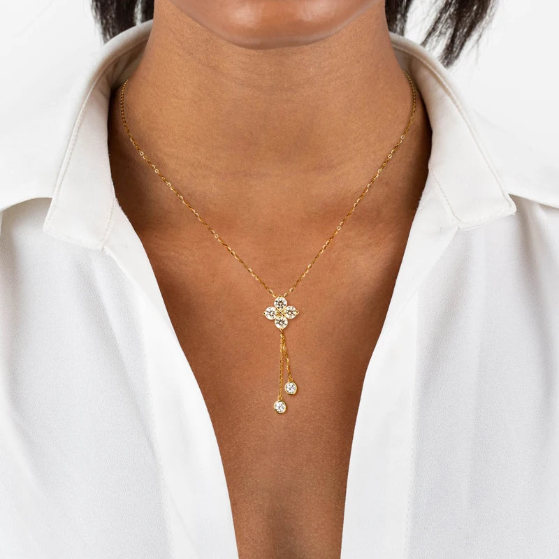 Lnngy Niche Light Tassel Pendant Moissanite Necklace 925 Sterling Silver Four-leaf Flower Necklaces for Women 2024 Trend Jewelry