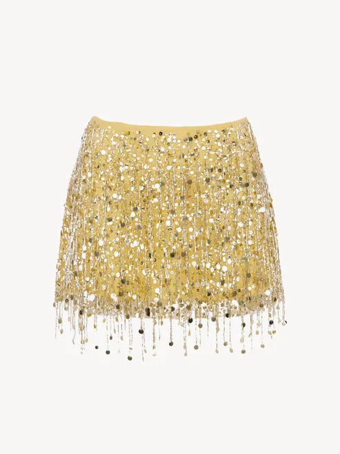Sexy Sequin Tassel Mini Skirt Women Lace Up Bead Flower High Waist Holiday Skirts 2025 Summer Beach Green Print Robe Lady