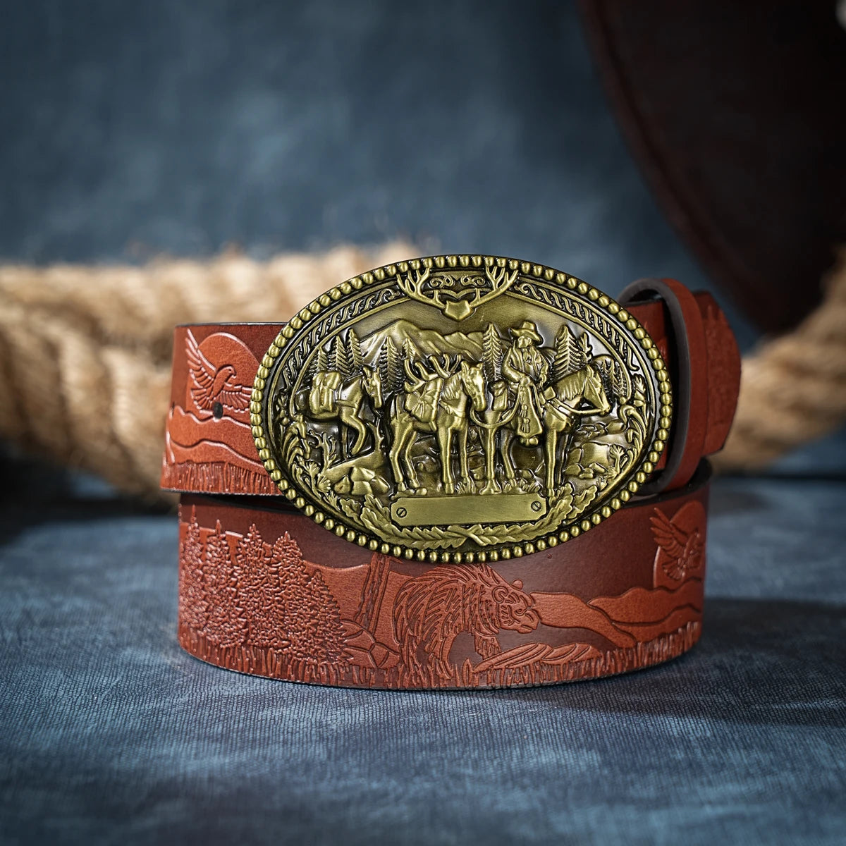 Men & Women-Western-Cowboy-PU Leather-Belts - Vintage Belt Floral Engraved Buckle Belt for Jeans