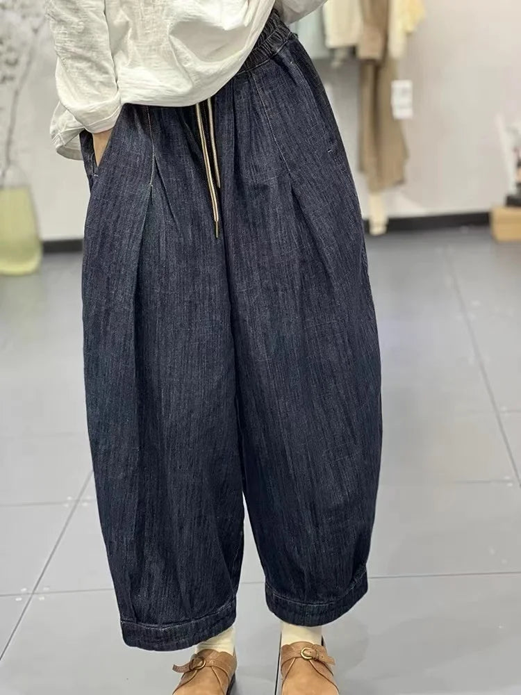 Faionable Retro Artistic Women's Jeans Harlan Pants High Waist Long Trousers All-Match Dstring Elastic Waist Tailored