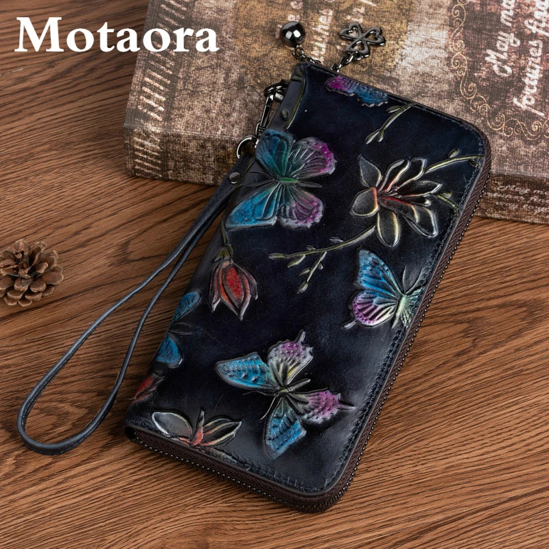 MOTAORA 2025 New Genuine Leather Women Wallet Vintage Embossed Long Purse For Women Hand Painted Butterfly Wallet ID Card Holder