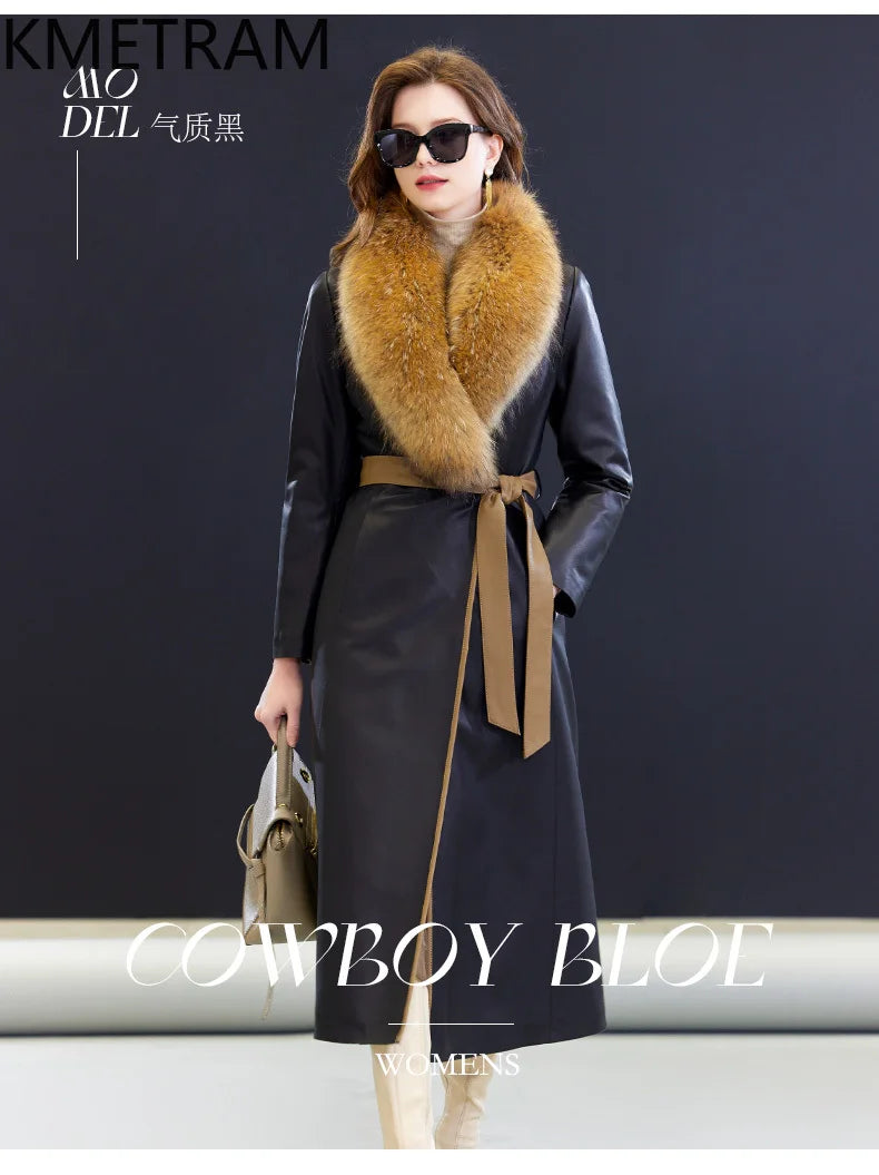 100% Sheepskin Puffer Jacket Women High Quality Long Down Coats Winter Raccoon Fur Collar Coat Womans Clothing Leren Donsjas