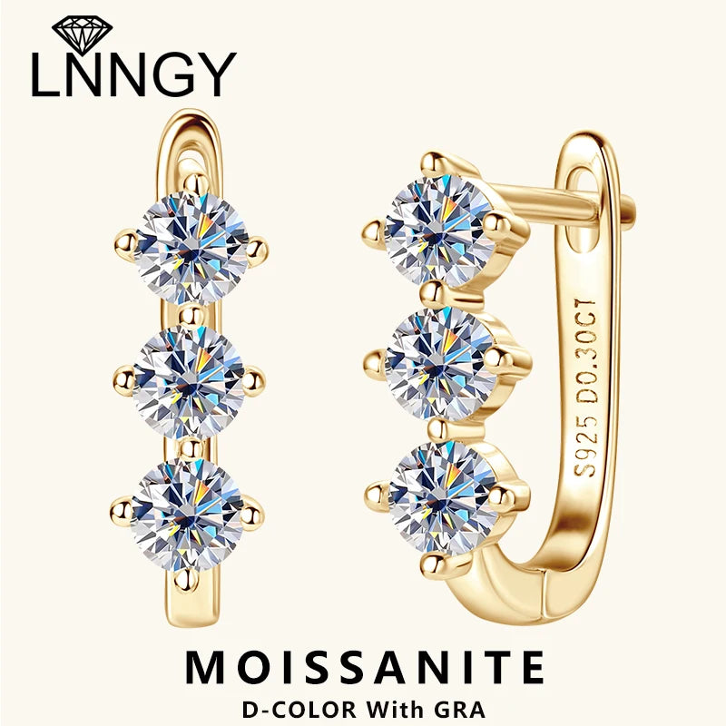 Lnngy Korean INS 3mm Three Stone Moissanite Earrings For Women 925 Sterling Silver U-Shaped Earrings Hoop Pendientes Jewelry