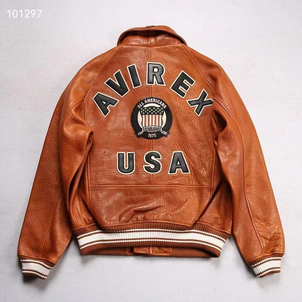 AVIREX new men's genuine leather jacket France 1.5 mm thick sheepskin embroidered crocodile pattern flight suit baseball coat