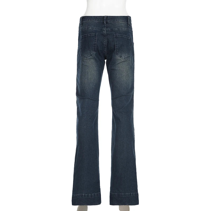 Weekeep Streetwear Low Rise Flared Jeans y2k Vintage Slim-fitting All-match Blue Denim Pants 2000s Casual Women's Jeans Harajuku