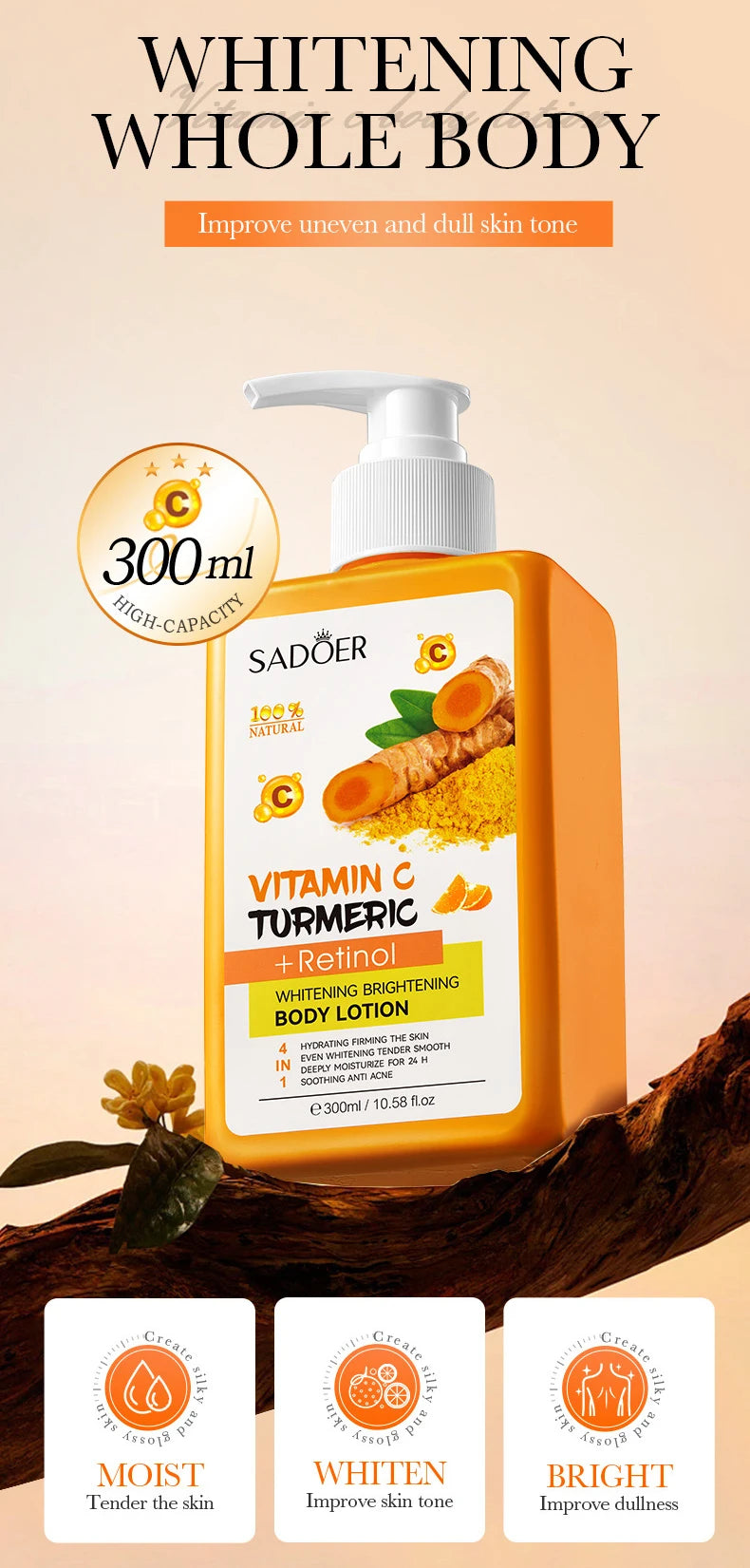 300ml Turmeric Body Cream Dark Spots Whitening Lotion Vitamin C Moisturizing Face Cream Tender Firming Body Skincare