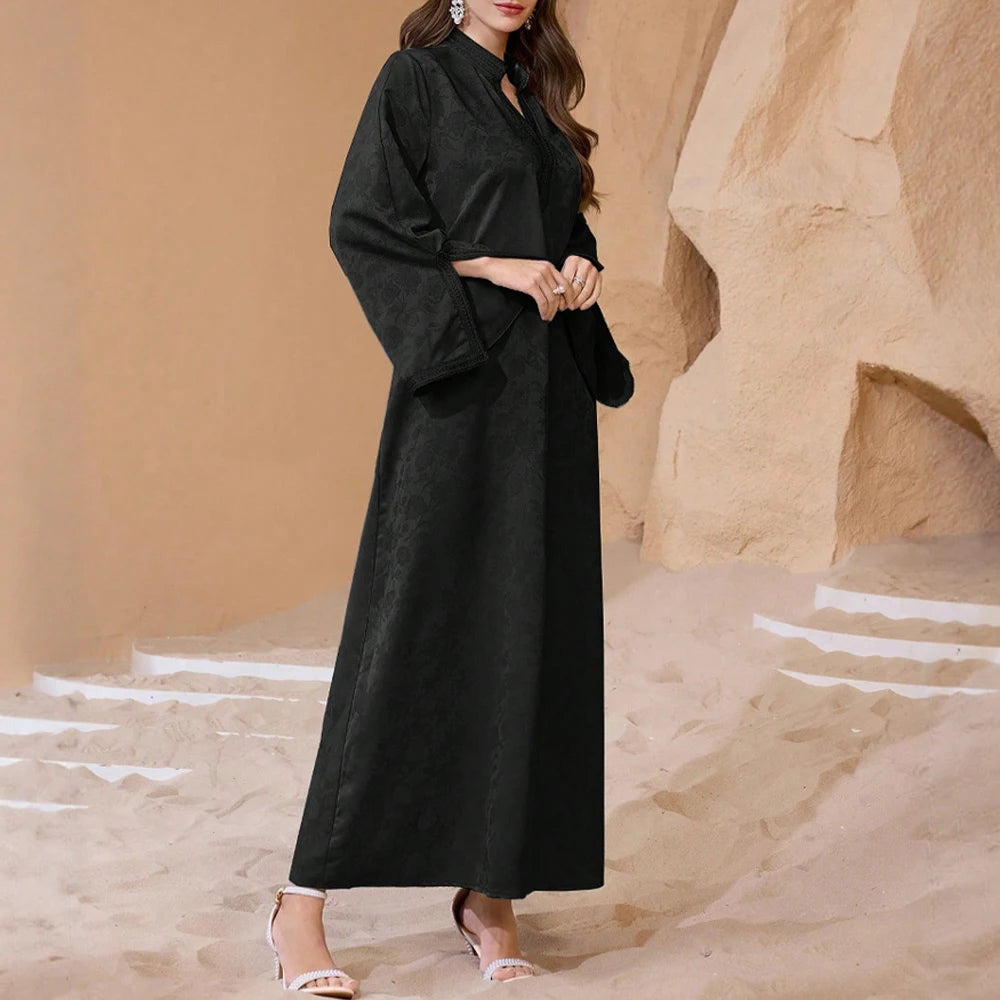 Rafiah Summer Dresses 2025 Women's Plain Long Sleeve Half Open Collar A-Line Draped Basics Midi Arabian Dress