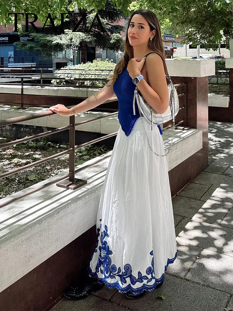 TRAFZA 2024 Women Skirt Set Blue Embroidery Three Quarter Bat Sleeve Shirt +Folds A Line Long Skirt Casual Loose Beach Holiday