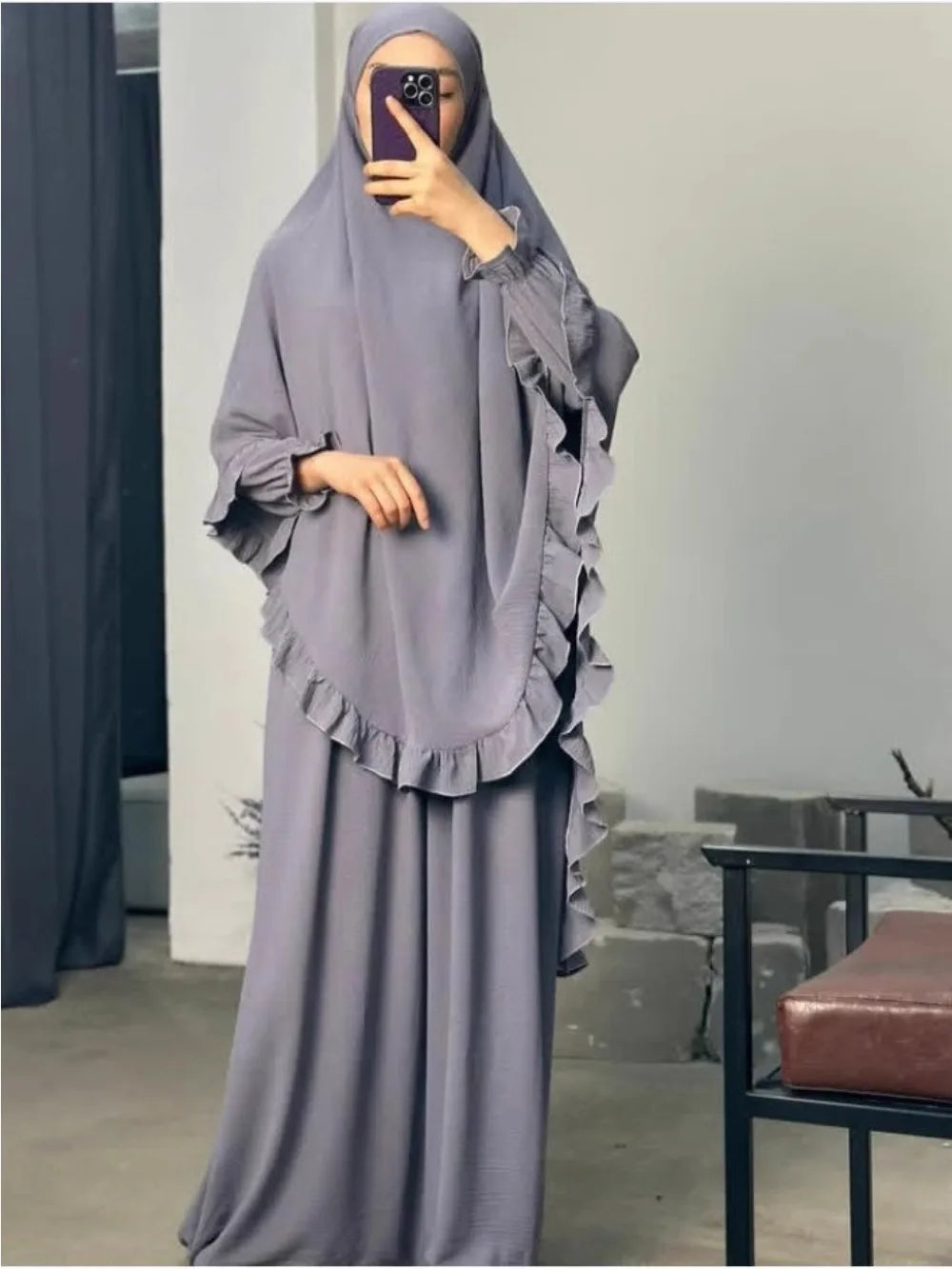 Ramadan Long Khimar with Dress Hijab Eid Muslim Headcarf Women Jilbab 2 Piece Set Jubha Islamic Hijabs Musulman Prayer Garment