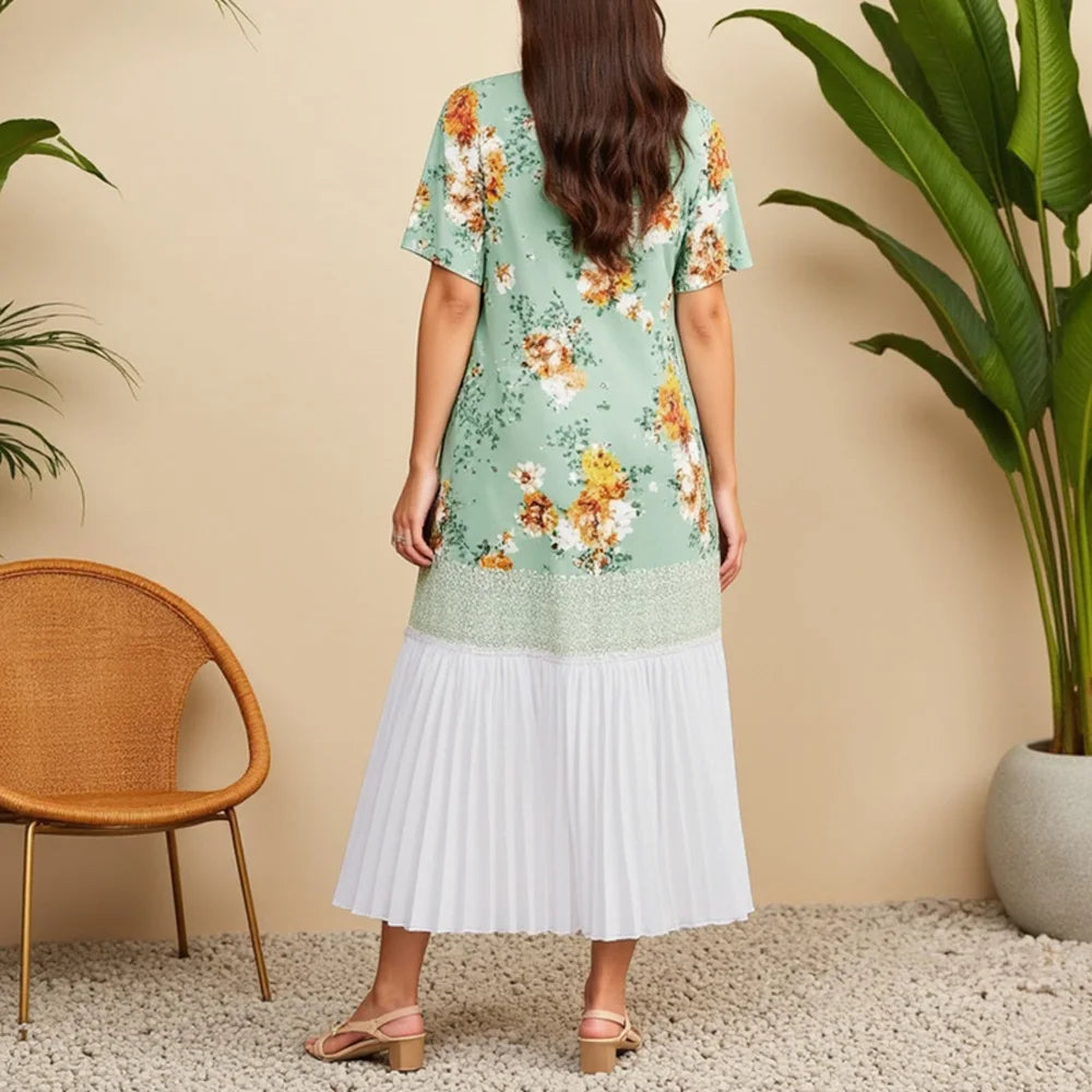 Rafiah Women's Summer 2025 Arabian Dress Contrast Color Short Sleeve Round Neck Floral Print Tiered Ruffle Long Dress