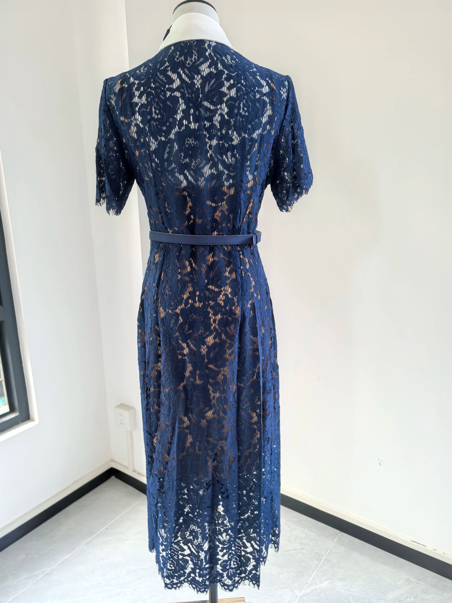 Formal Luxury Evening Long Dress Women Summer Autumn White Peter Pan Collar Hollow Out Blue Pencil Embroidery Lace Dress Party