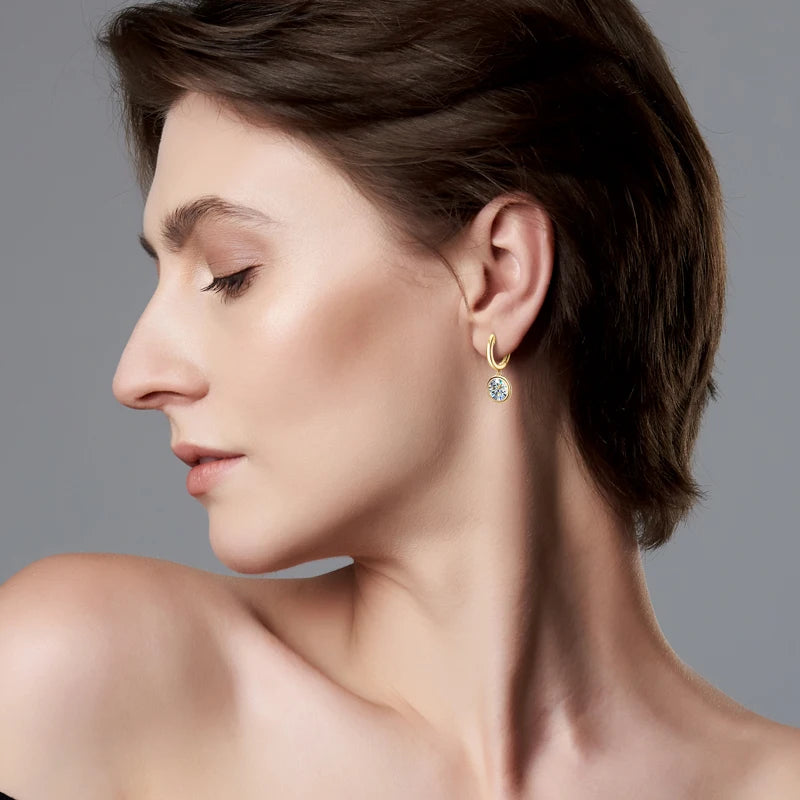 Lnngy 925 Sterling Silver Dangle Earring 1CT 2CT Round Bezel Setting Moissanite Drop Earrings For Women Girl Birthday Party Gift