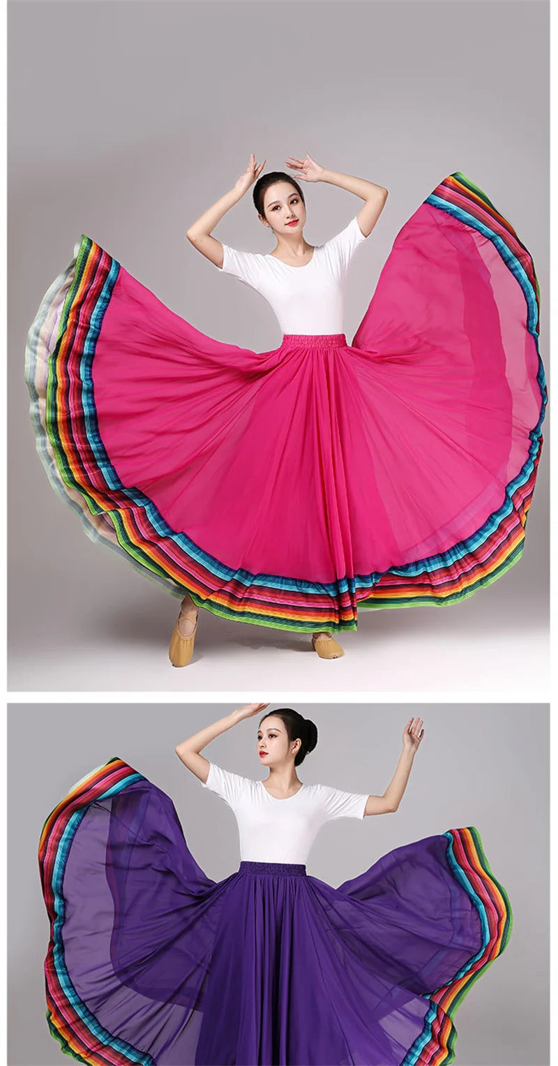 Streetwear Elegant Dance Performance Skirt Women Chiffon Skirts Rainbow-edge Elastic-Waist 720-Degrees Square Danc Maxi Skirts