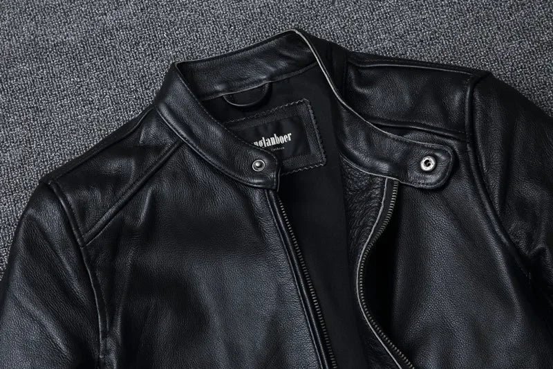 Top Layer Cowhide Slim Fit Stand Collar Motorcycle Suit Men's Leather Jacket Soft Cowhide Large Size Jacket Fashion