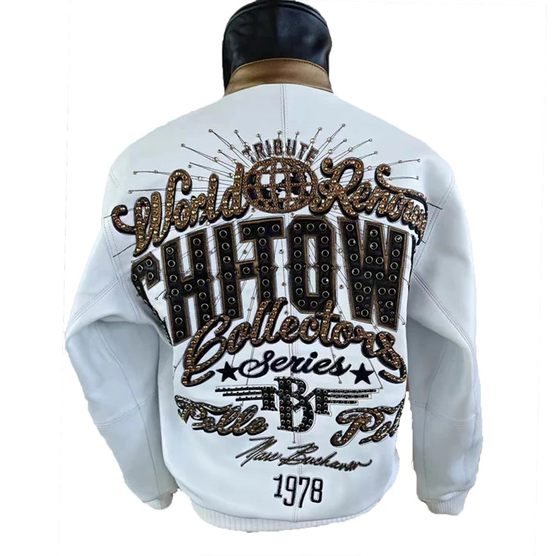 US size men's Hip Hop Sheep skin Varsity Jacket Embroidered Diamond Classic Casual Sport genuine leather Coat tops