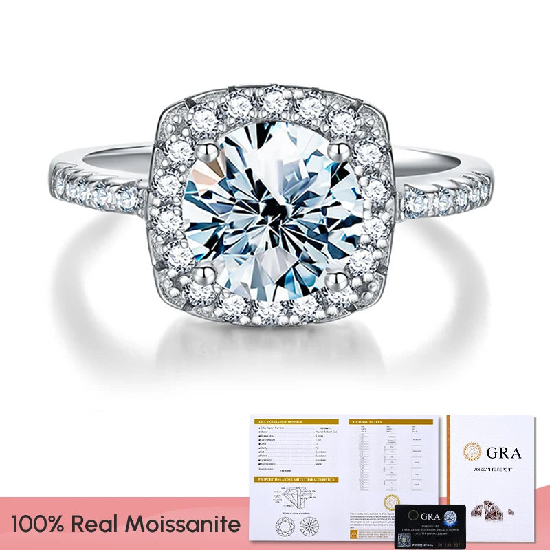 GRA 0.5ct 1ct D Real Moissanite Diamond Wedding Halo square Rings for Women Original 925 Sterling Silver Luxury Fine Jewelry