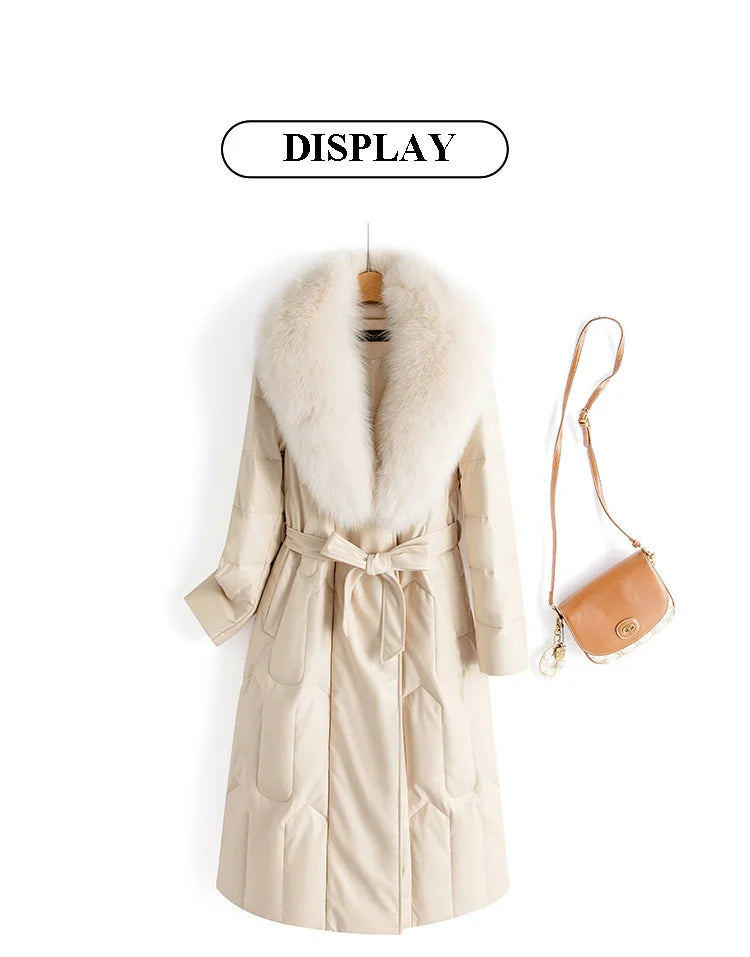 New Women Winter Leather Down Coat Fashion Real Fox Fur Collar Slim Waist Long Leather Coat Casual Thick Warm Overcoat