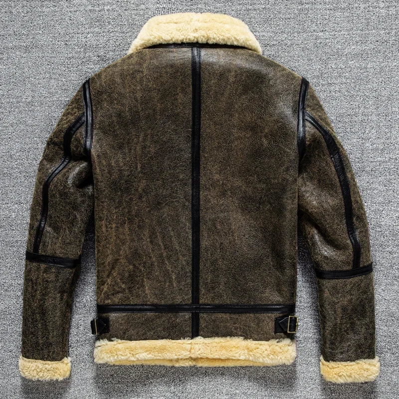 2025 Winter High Quality Genuine Leather Jacket Men's B3 Sheepskin Thick Fur Leather Coat Warm Motor Biker Jackets For Men 6XL