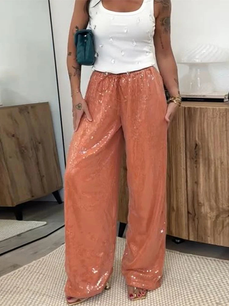 Loose Solid Color Sequin Pants Woman Cinched Waist Glitter Straight Baggy Long Pants Casual Street Chic Sparkle Women's Trousers