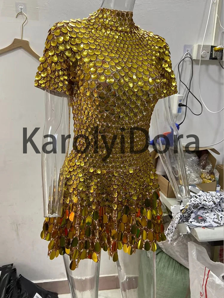 Sexy Black Shell Sequins Mini Dress Nightclub Dance High Quality Performance Clothing Bodysuit Birthday Red Dresses