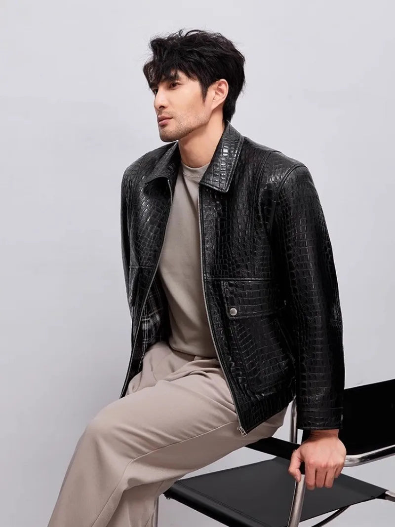 Designer Mens Genuine Leather Jacket Zipper Lapel High Quality Sheepskin Motorcycle Short Coat Spring Autumn Punk Outerwear Male