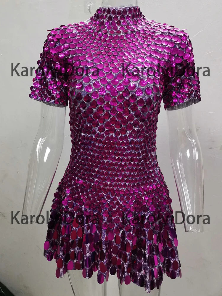 Sexy Black Shell Sequins Mini Dress Nightclub Dance High Quality Performance Clothing Bodysuit Birthday Red Dresses