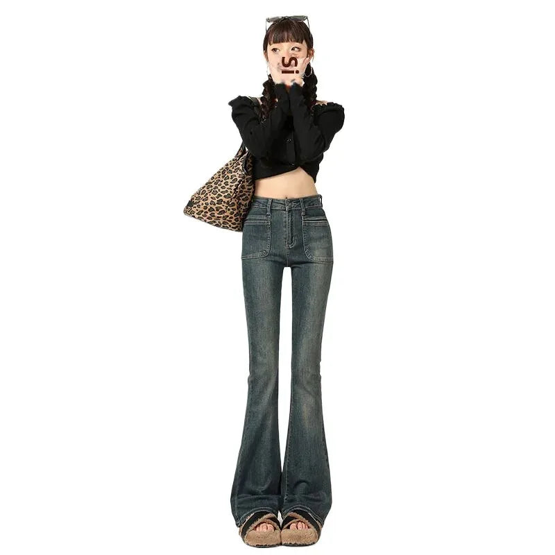 American Style Vintage Jeans Women's Slim Fit High Street Bootcut Pants 2024 Autumn Winter Slimming Petite Bootcut Trousers