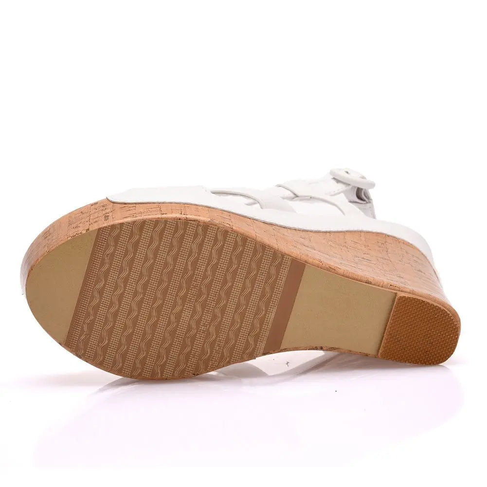 Women’s Summer Flock Sandals – 12CM Wedge Heels with Buckle Strap, White