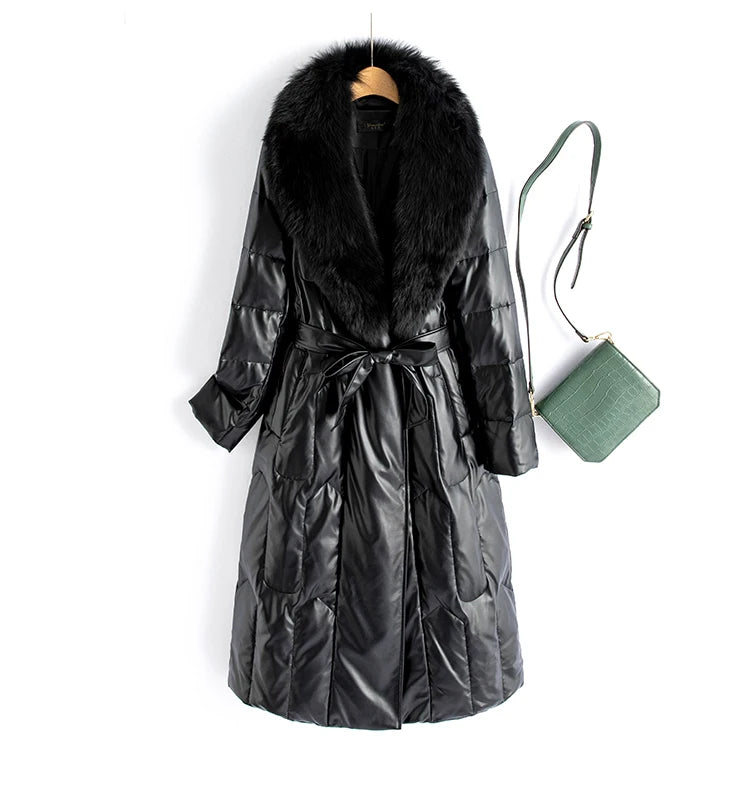 New Women Winter Leather Down Coat Fashion Real Fox Fur Collar Slim Waist Long Leather Coat Casual Thick Warm Overcoat