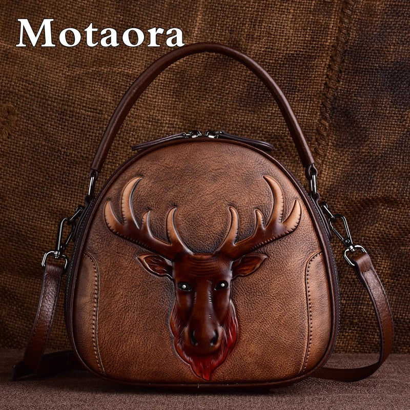MOTAORA New Embossed Cowhide Shoulder Bag For Women Fashion Small Deer Head Crossbody Bags Chinese Style Genuine Leather Handbag