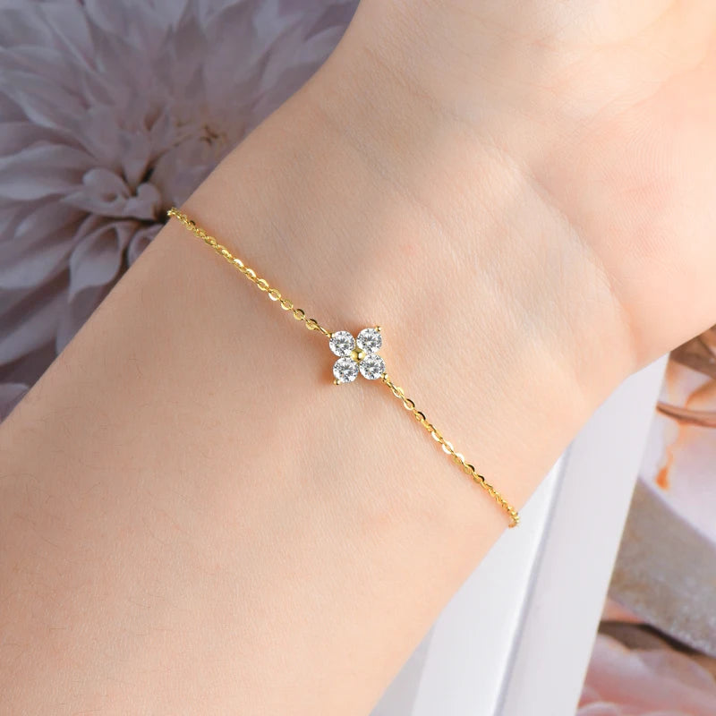 Lnngy Moissanite Four Leaf Flower Chain Bracelet for Women 925 Sterling Silver Niche Simple Desgin Bracelets Jewelry Accessories