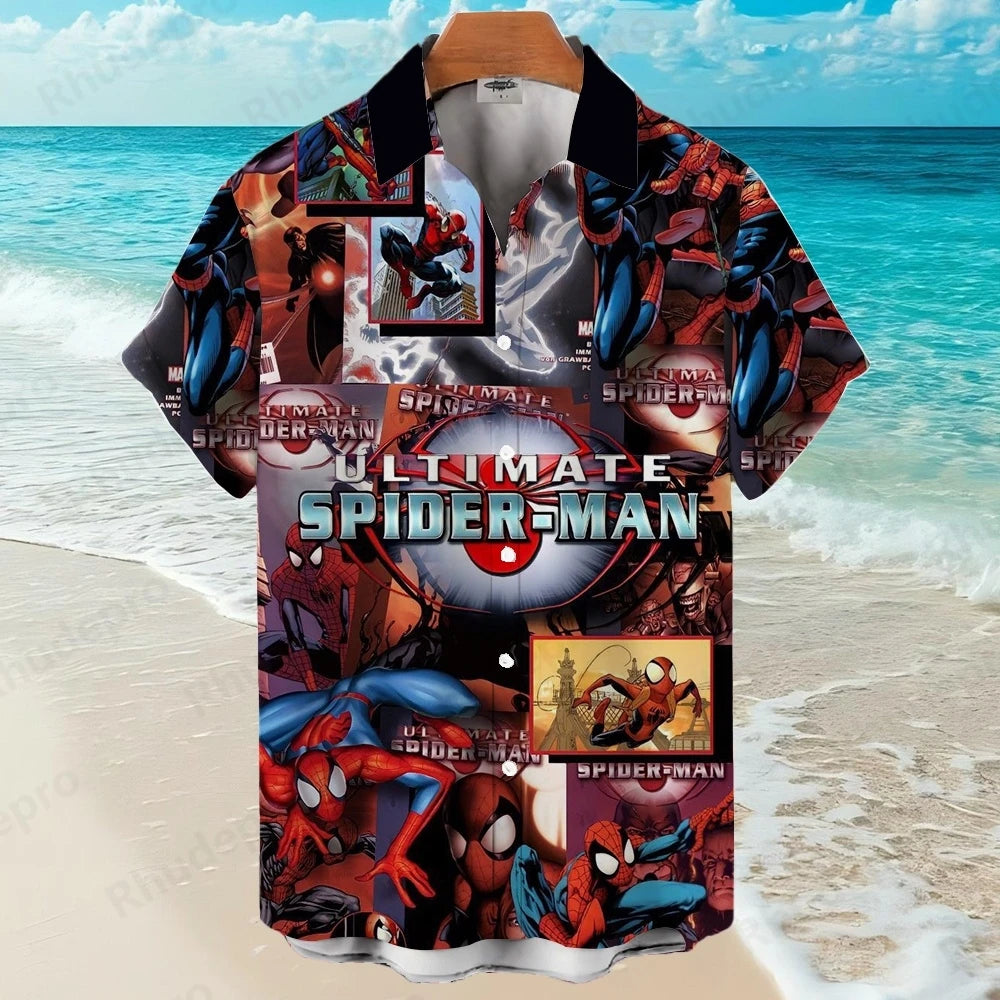 Disney Spider-Man Superhero Cartoon Hawaiian Shirt Print Men's Lapel Short Sleeve Single Shirt Casual Trendy Versatile