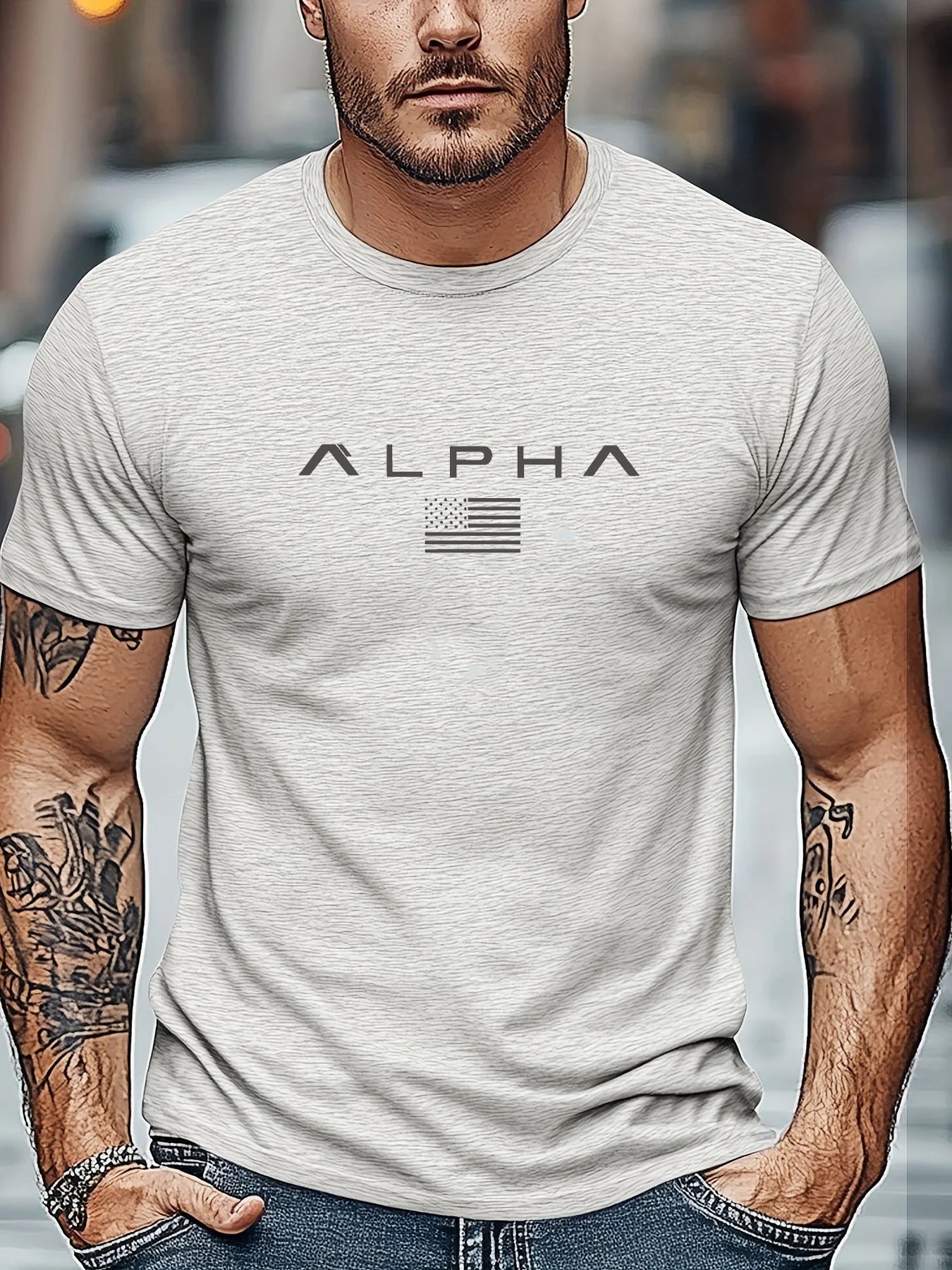 Men's summer 100 cotton ALPHA printed loose solid color multi-color optional sports round neck short sleeved T-shirt top