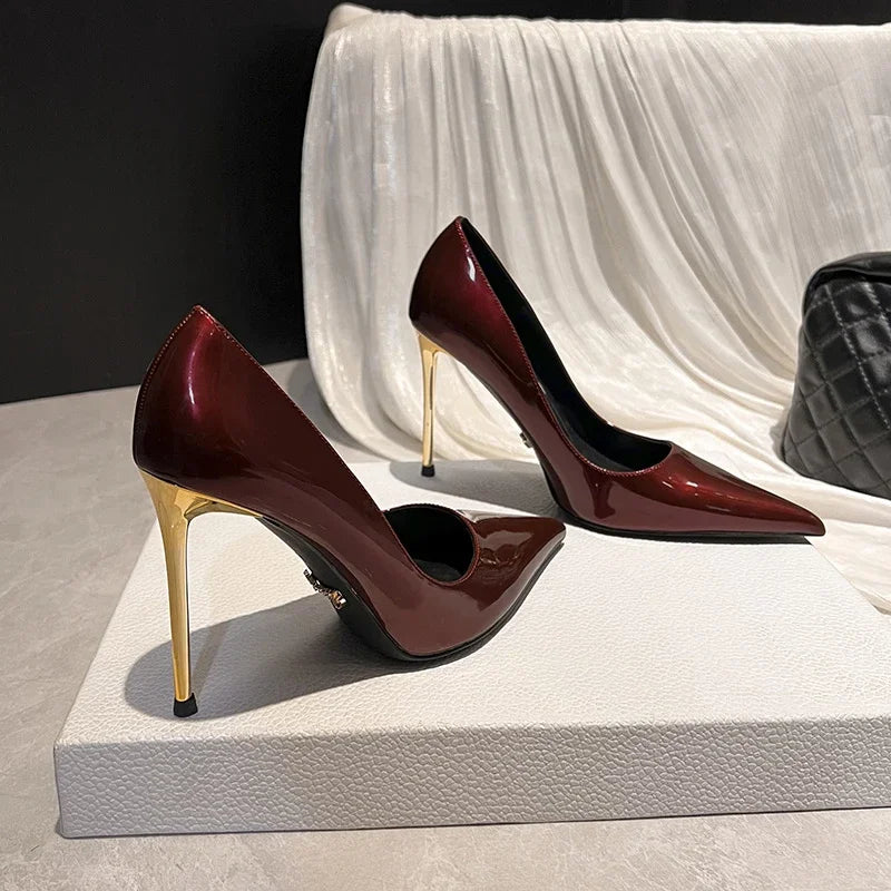Green Shoes Quality Woman Pumps Patent Leather High Heels Sexy Party Shoes Metal Stilettos Luxury Wine red High-heeled Shoes