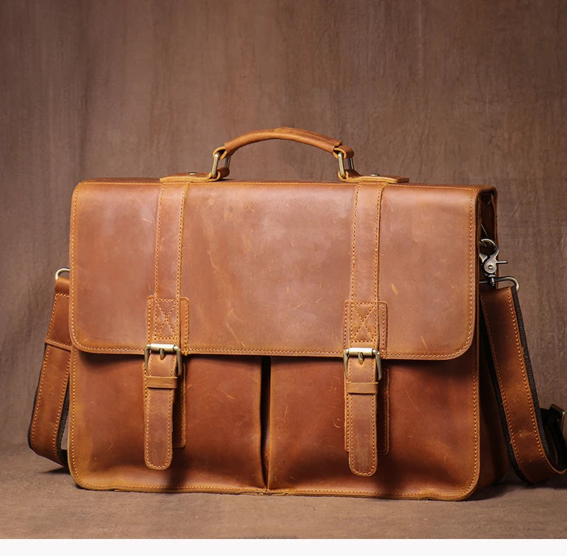 LUOKIR Vintage Crazy Horse Briefcase Travel Genuine Leather Handbag Luxury Men's Messenger Computer Shoulder Bag 14 Inch Laptop