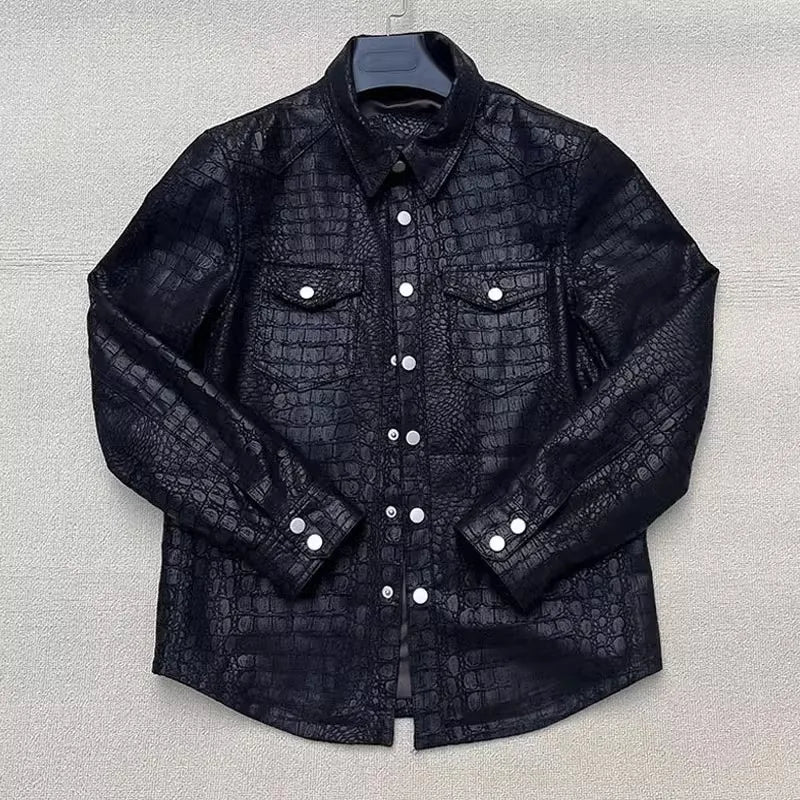 Soft Alligator Pattern Sheepskin Genuine Leather Jacket Men Slim Fit Single Breasted Business Casual Work Natural Leather Tops
