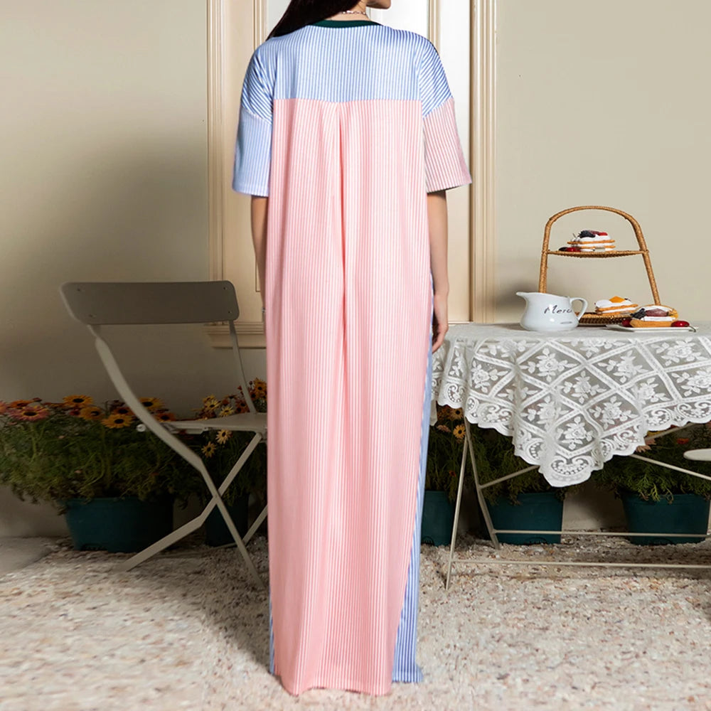 Rafiah Summer Arabian Dress 2025 Casual Edgy Contrast Color Short Sleeve Round Neck Maxi A-Line Long Dress For Women