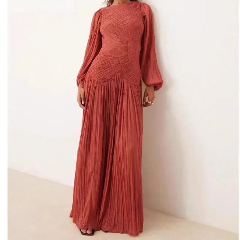 Elegant Pleated Lantern Sleeve Mid-Calf Dress – Women’s O-Neck Holiday Beach Outfit