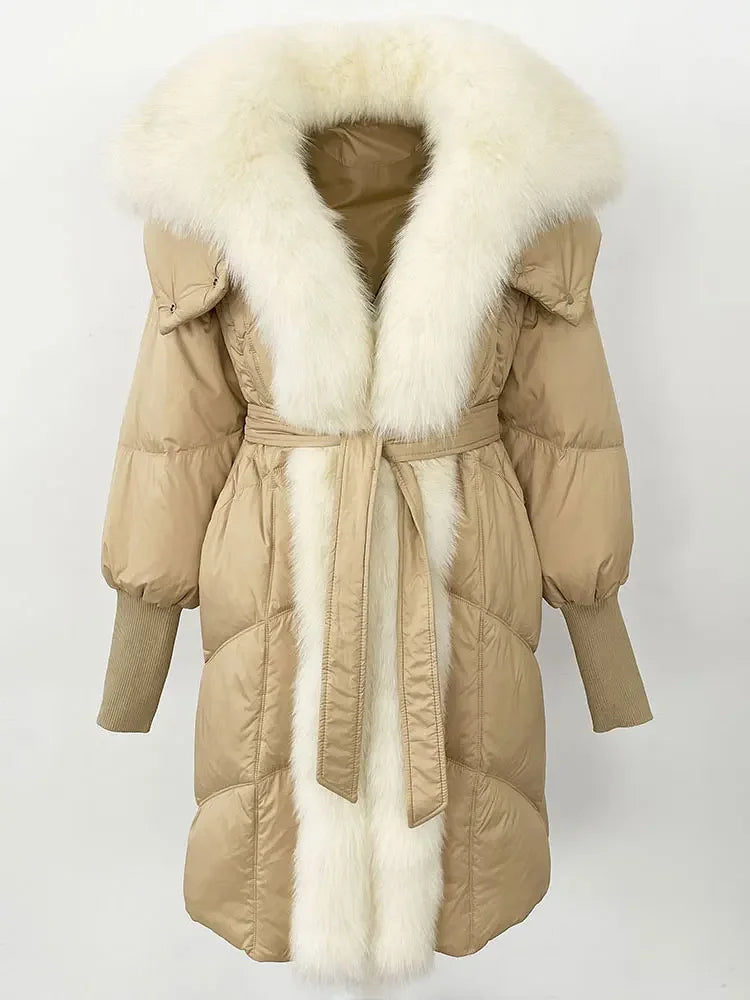 2025 Autumn Winter Women Coat Real Natural Fox Fur Long Down Jacket Thick Warm Casual Hooded White Duck Down Elegant Overwears