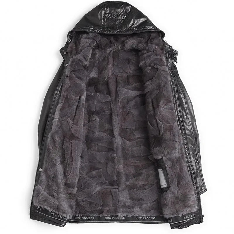 Men’s Oil Wax Cowhide Leather Jacket – Slim Fit Winter Cargo Coat with Mink Fur Lining & Hood