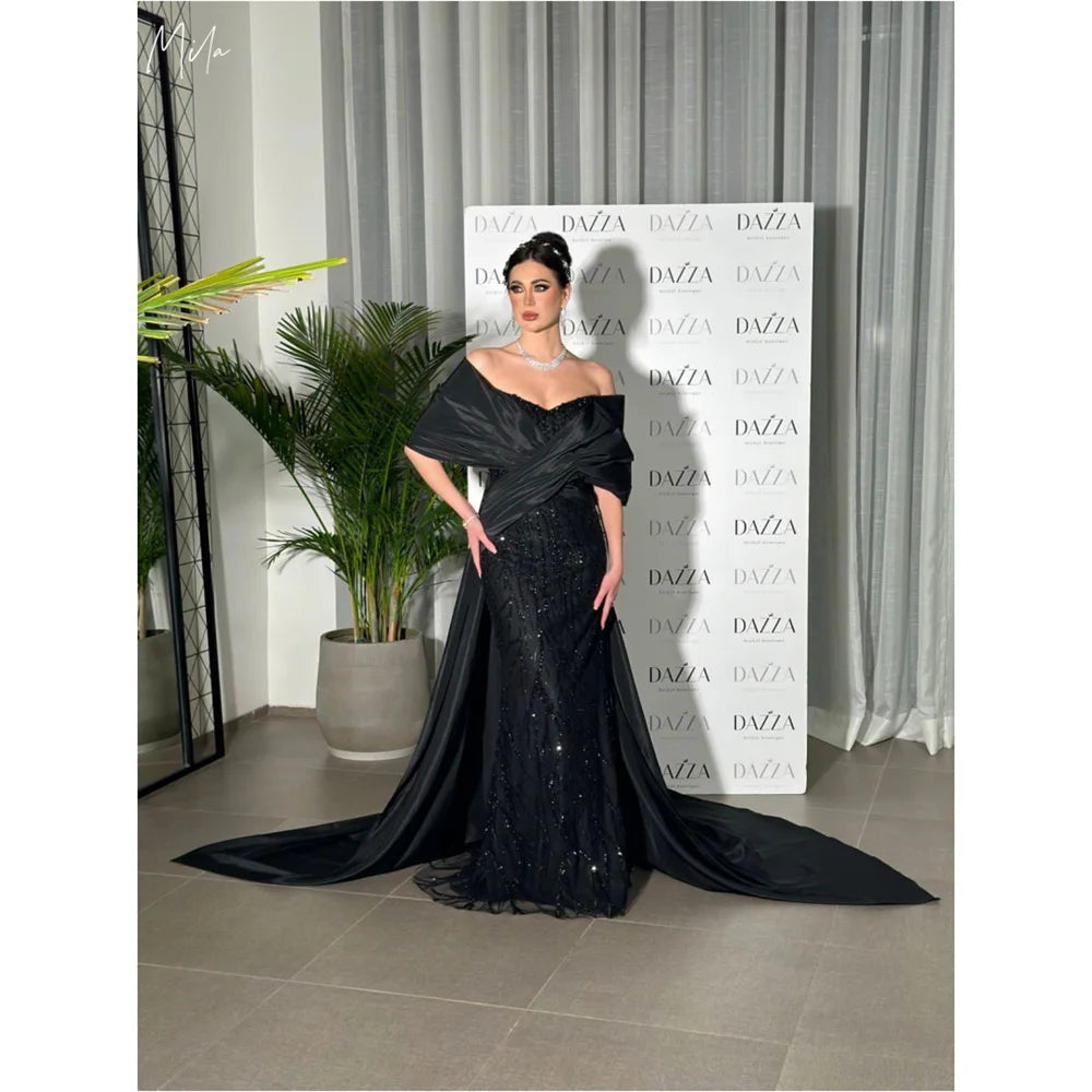 Mila Black Off the Shoulder Column Evening Dresses Satin Detachable Shawl Party Dresses Beading Customized جديد في الفساتين
