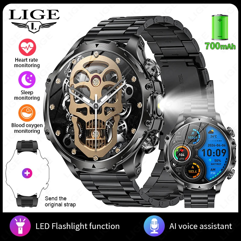 LIGE New 1.9" AMOLED 416*416 Screen Smart Watches Flashlight Outdoors Sports Fitness Tracker 700mah Large Battery Men Smartwatch