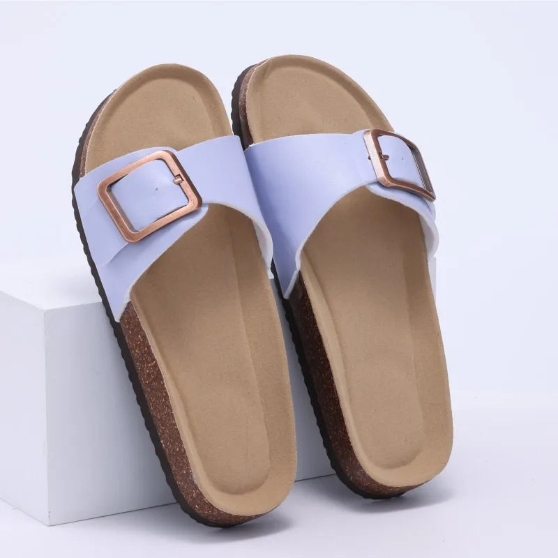 Crestar Women's Summer Cork Slippers 2025 New Outdoor Beach Flip Flops Fashion Leather Orthopedic Sandals With Adjustable Buckle