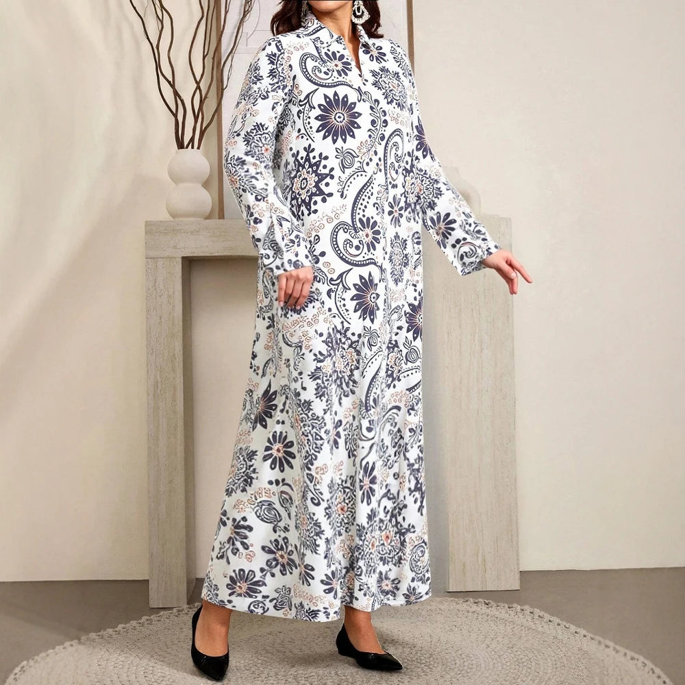 Rafiah Women's Dresses Summer Elegant 2025 Floral Muslim Long Sleeve Shirt Collar A-Line Midi Vacation Long Dresses