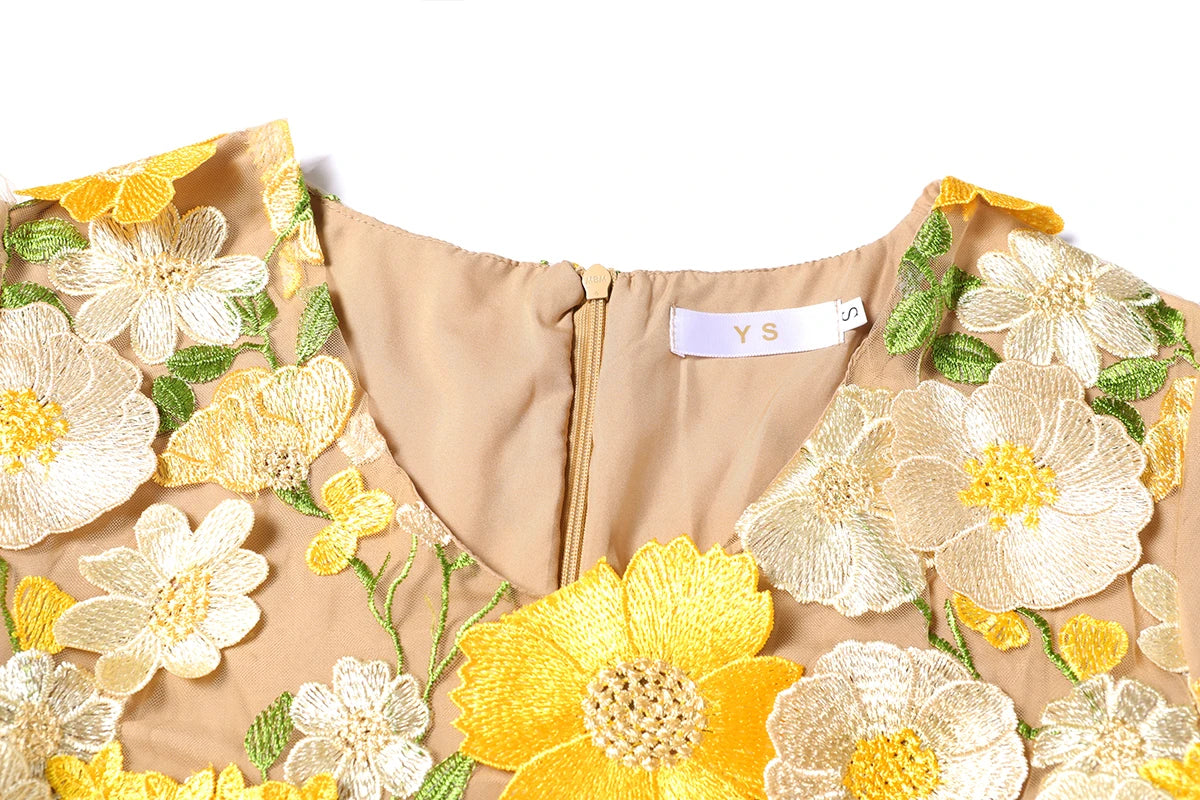 Summer High-end Embroidery Lace Prom Dress Women French Luxury 3D Flower Short Sleeve Long Dress Party Bodycon Holiday Vestido
